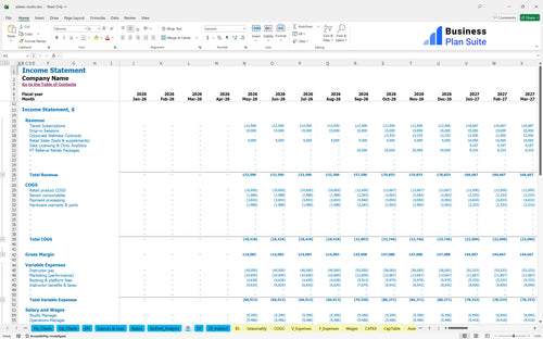 pilates studio financial model income statement bpt