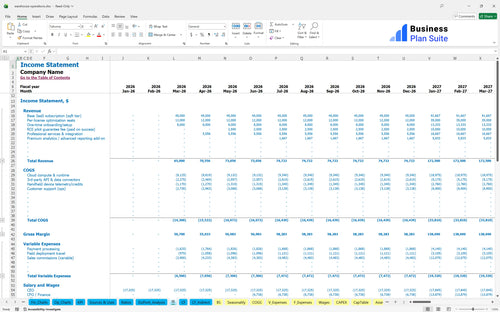 warehouse operations financial model income statement bpt